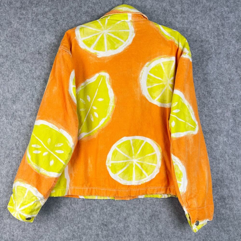 Zara Denim Jacket Mens Large Orange Lemon Print Vibrant Festival Grunge Artsy - Picture 10 of 14
